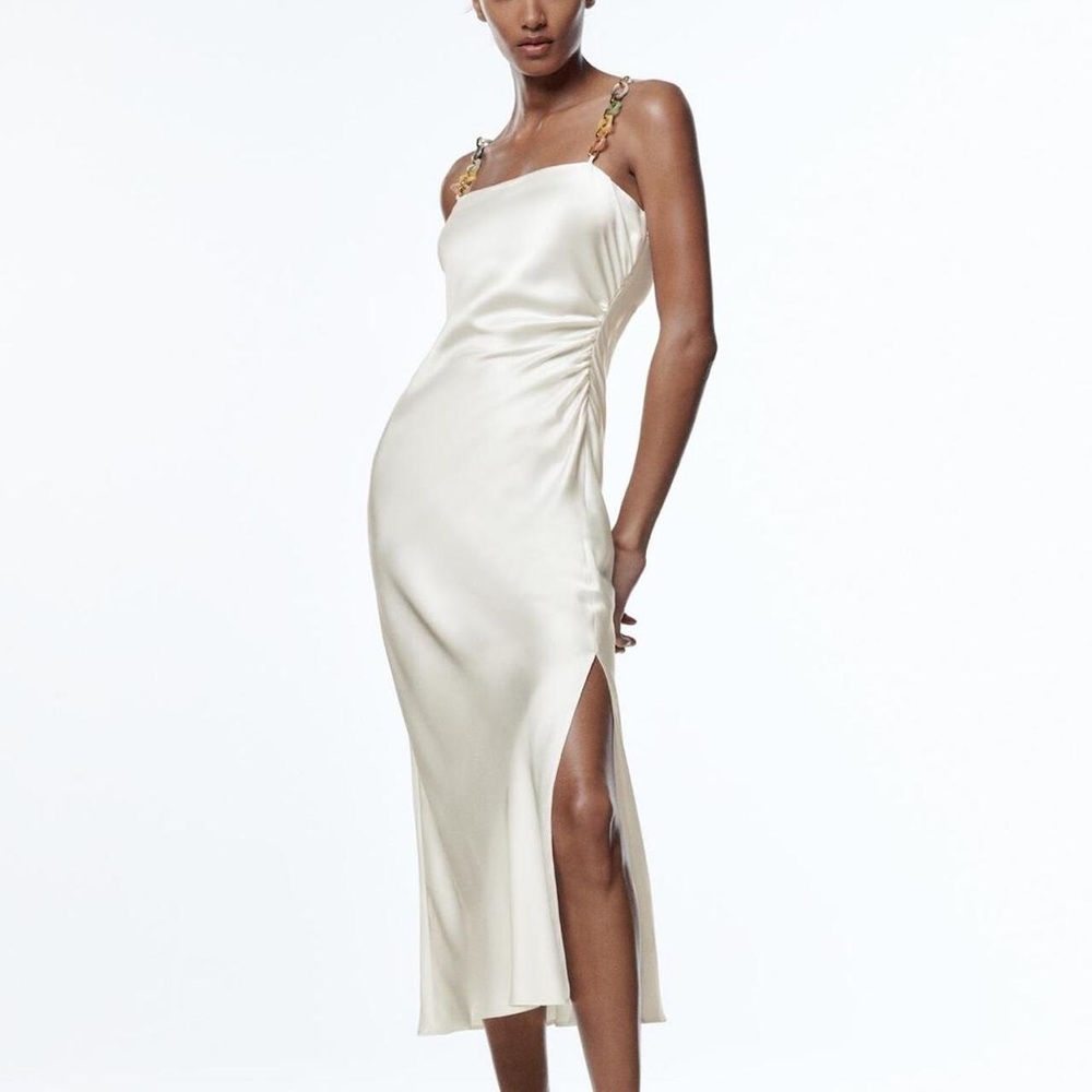Zara Cream Ruched Slip Dress with Spaghetti Straps